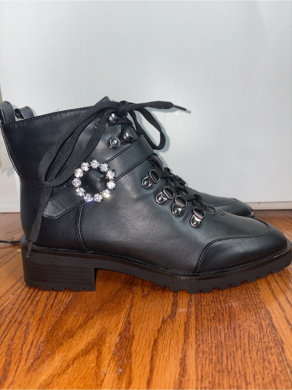 Women's Black Lace-Up Combat Boots with Crystal Accent - 8.5M